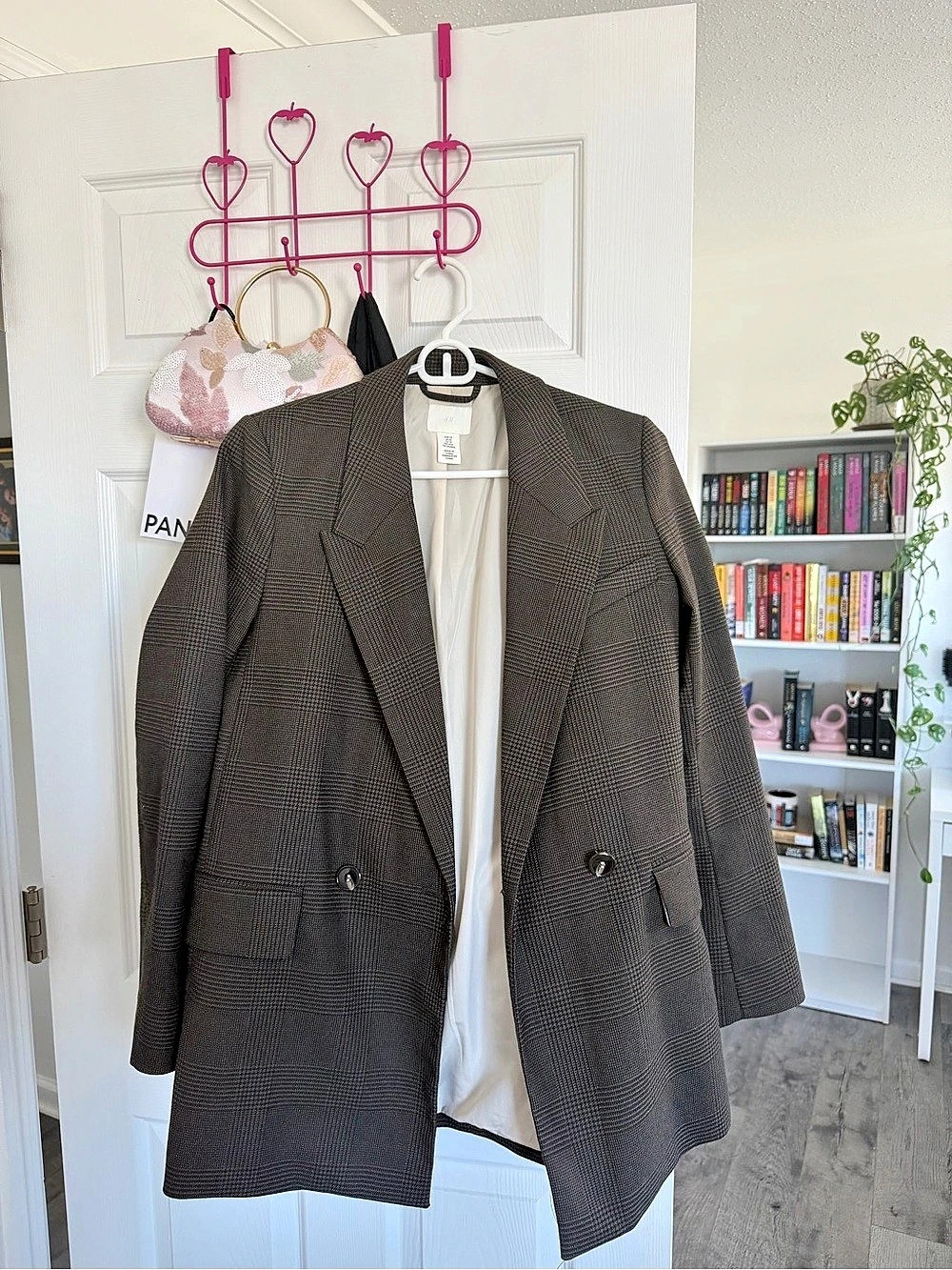 H&M Double-Breasted Plaid Blazer Houndstooth Brown XS